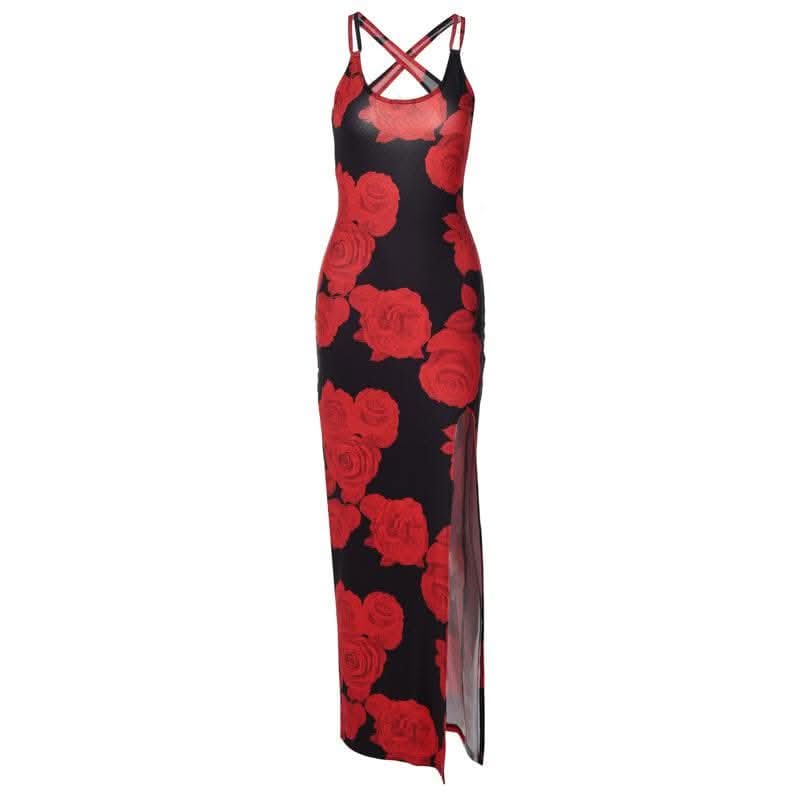 Rose print u neck slit cross back cami maxi dress-final-sale
