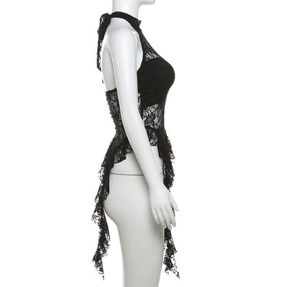 Halter mesh ruffle backless top