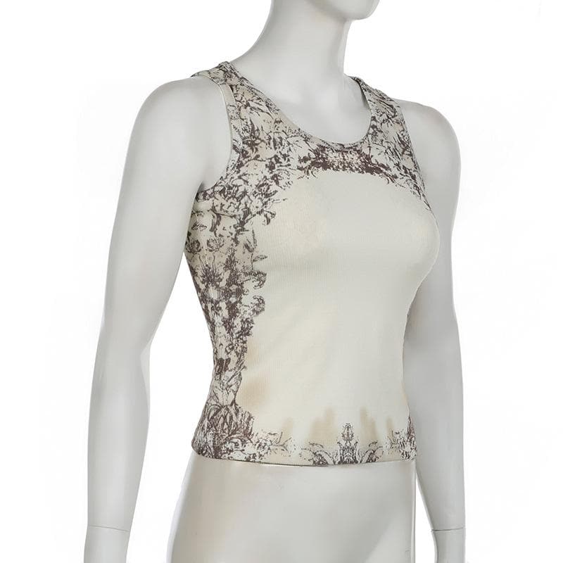 Sleeveless u neck print ribbed top