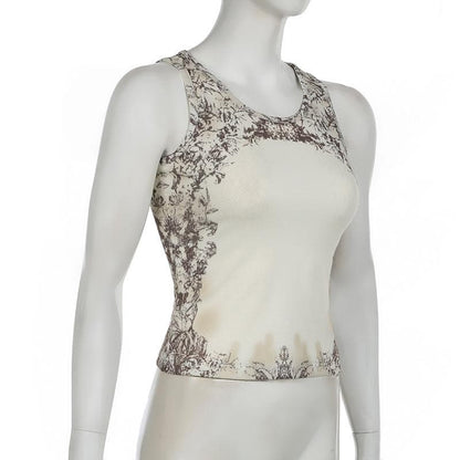 Sleeveless u neck print ribbed top