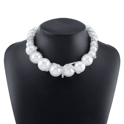 Faux pearl rhinestone beaded choker necklace