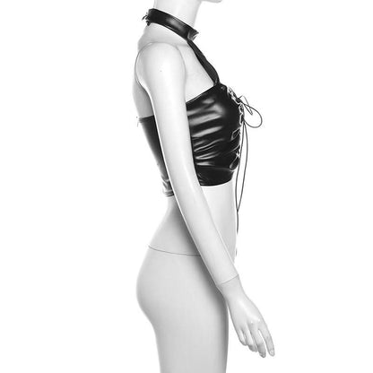Halter backless PU leather zip-up crop top