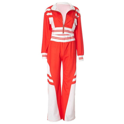 Turnover collar zip-up contrast sports pants set
