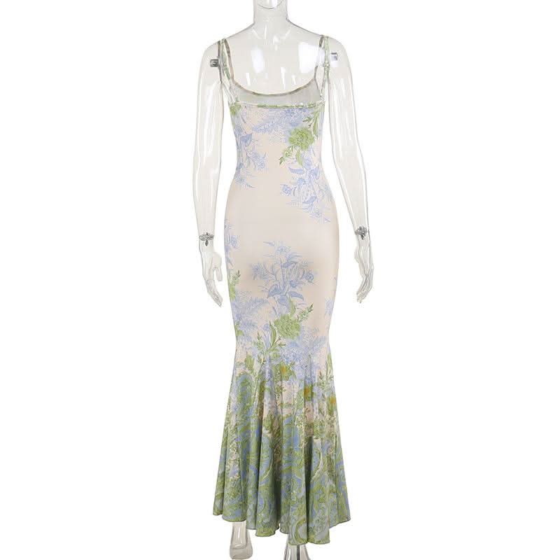 U neck flower print contrast cami maxi dress