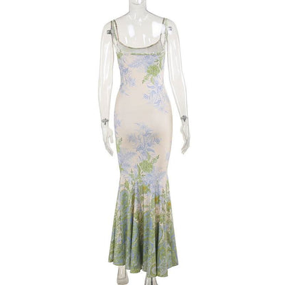 U neck flower print contrast cami maxi dress