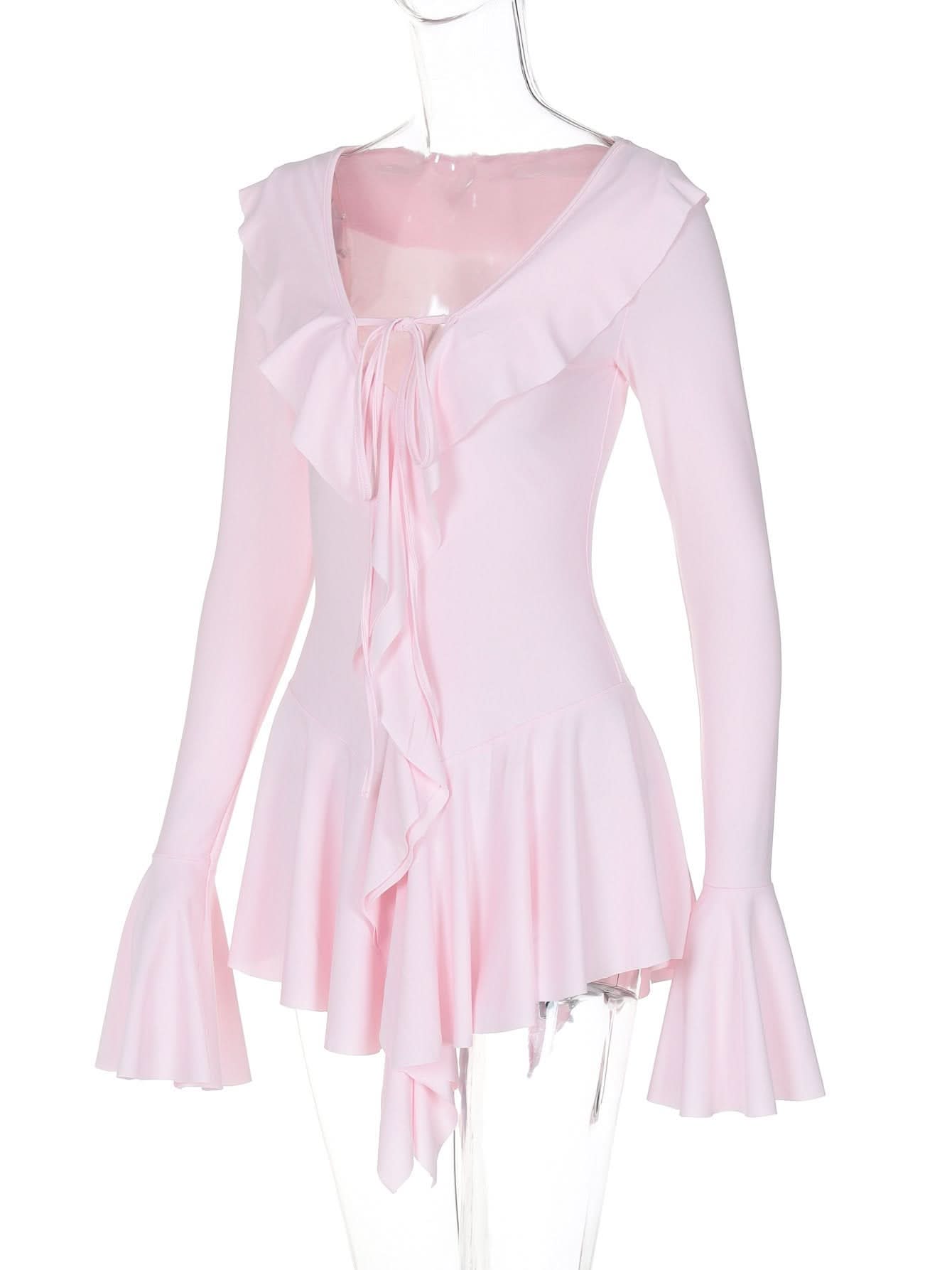 V neck long flared sleeve self tie ruffle mini dress