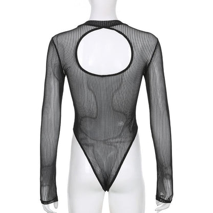 Long sleeve sheer mesh striped bodysuit