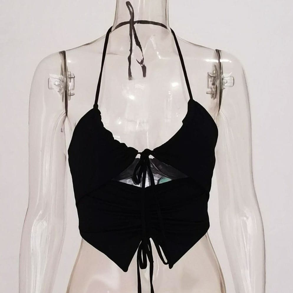 Double layered halter drawstring hollow out ruched solid crop cut out top