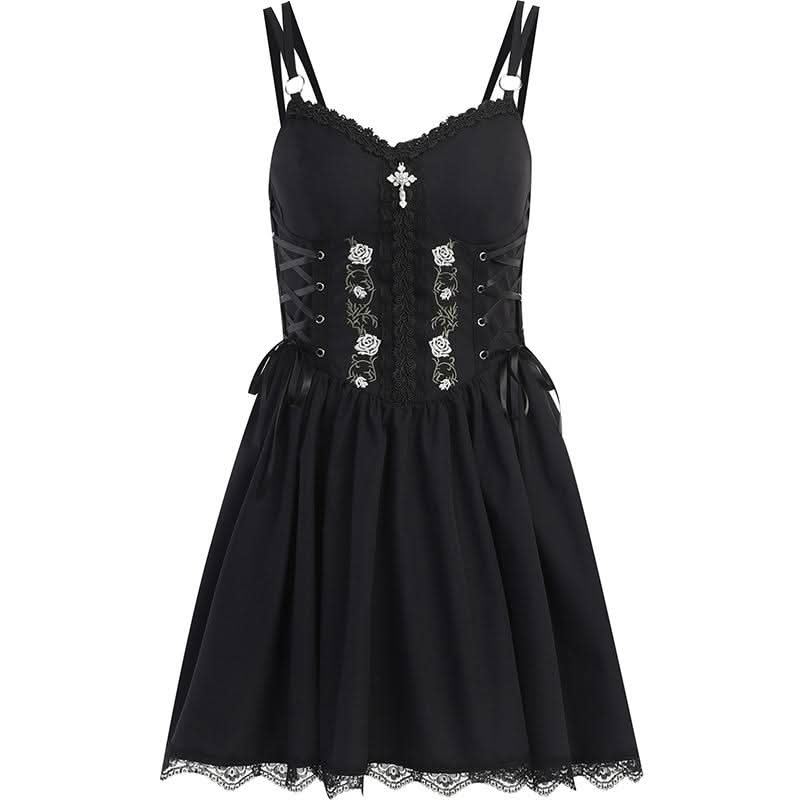 Sweetheart neck embroidery ruffle lace up cami mini dress