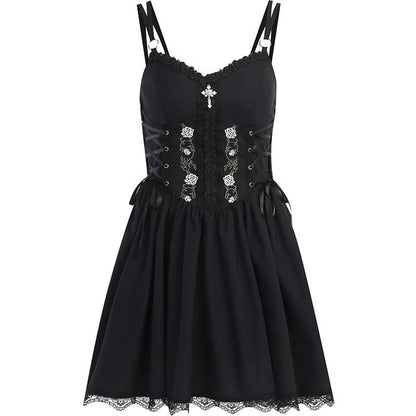 Sweetheart neck embroidery ruffle lace up cami mini dress