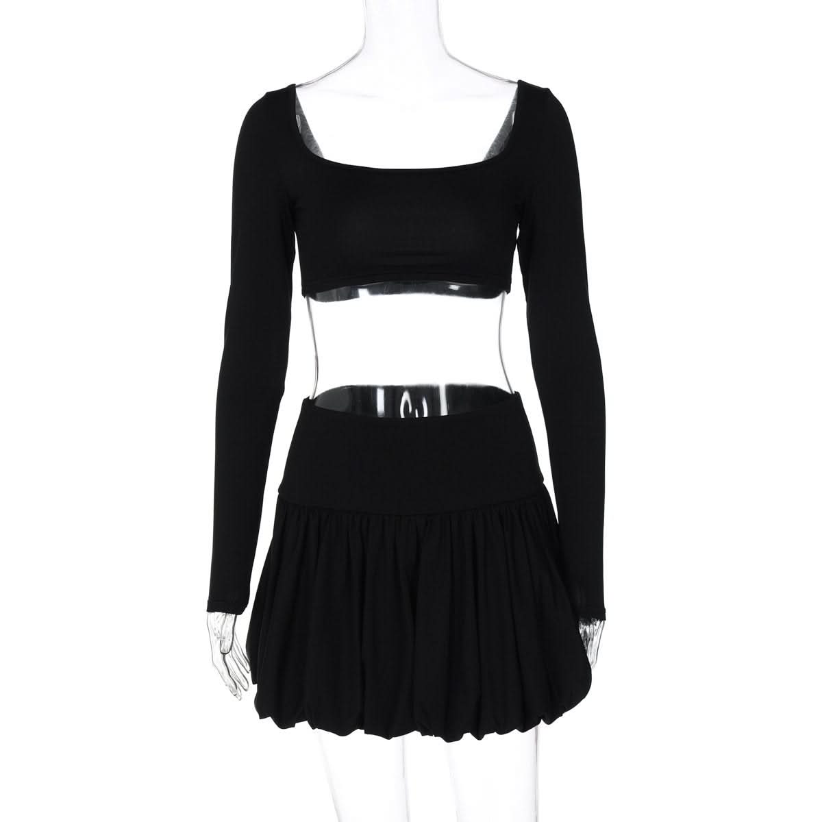 Long sleeve square neck ruched solid mini skirt set