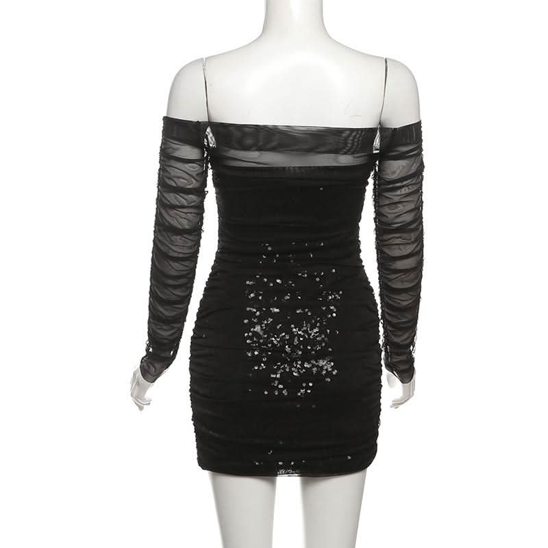 Off shoulder glitter long sleeve mesh ruched mini dress