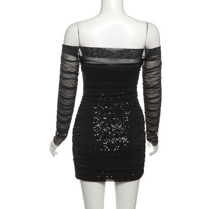 Off shoulder glitter long sleeve mesh ruched mini dress