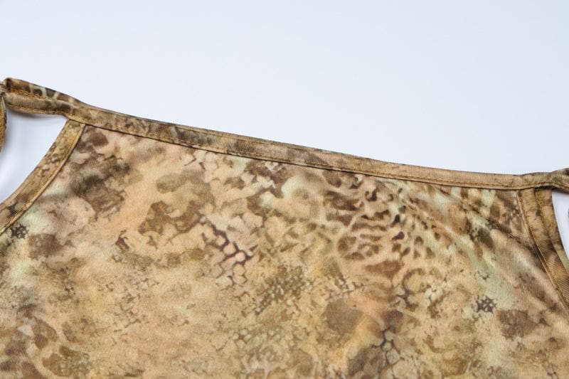 Halter leopard print abstract ruffle knotted maxi skirt set