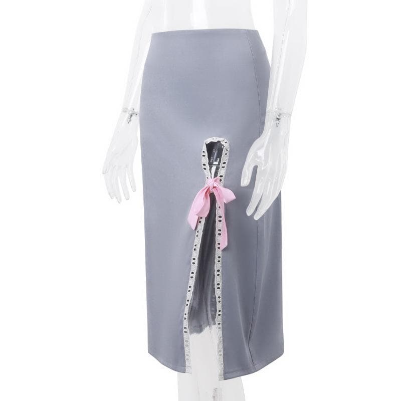 Bowknot slit lace hem denim zip-up hollow out irregular cut out midi skirt