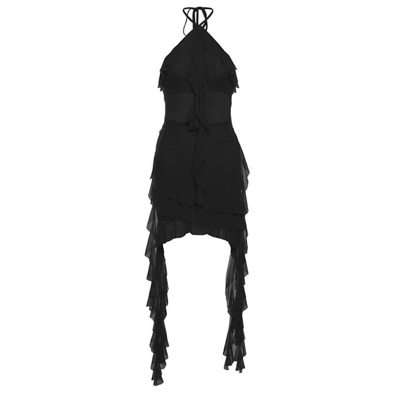 Halter sheer mesh ruffle backless mini dress