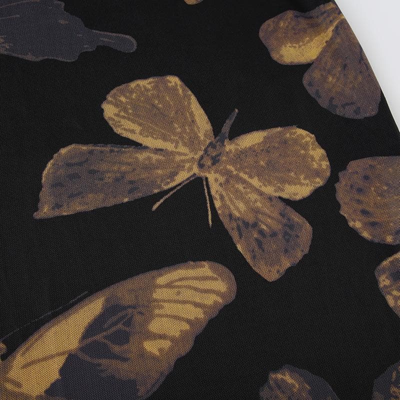 Halter butterfly print backless mesh maxi dress