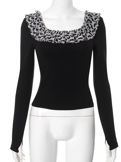 Long sleeve u neck leopard print patchwork top