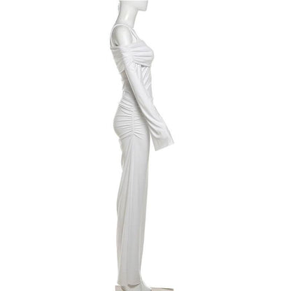 Long sleeve square neck ruched cami maxi dress