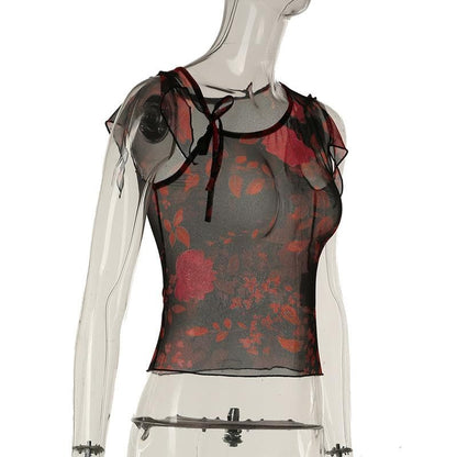 Irregular sheer mesh print ruffle top
