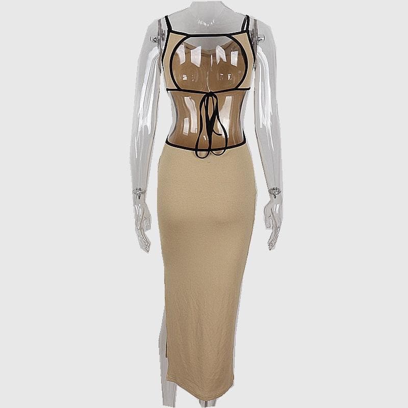 Ribbed contrast hollow out self tie backless slit cami cut out midi dress