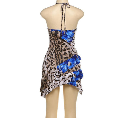 Halter leopard print ruffle backless mini dress