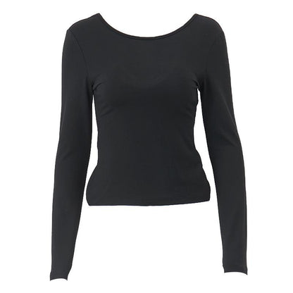 Long sleeve round neck solid backless slit top