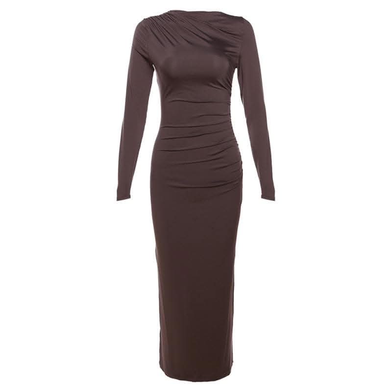 Ruched solid long sleeve zip-up maxi dress-final-sale