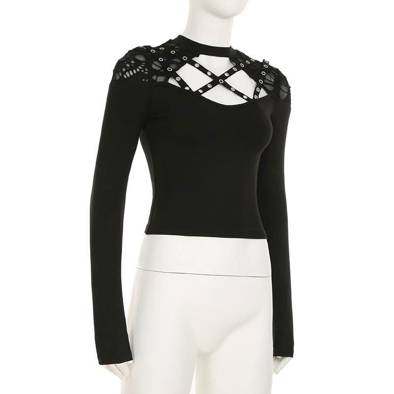 Long sleeve crewneck hollow out cut out top