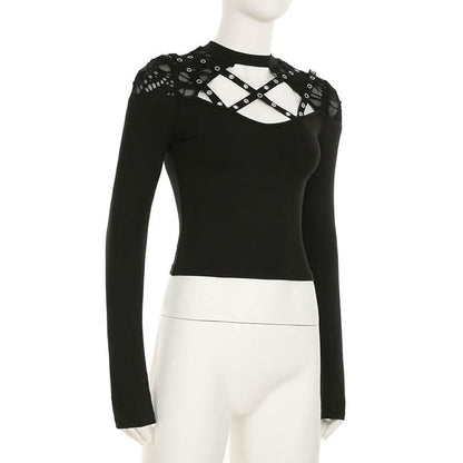 Long sleeve crewneck hollow out cut out top