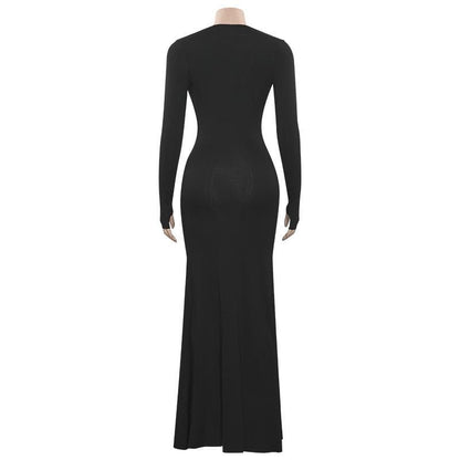 V neck long sleeve butterfly applique maxi dress