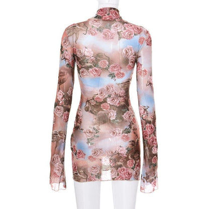 Cherub Floral Print Mock Neck Long Sleeve Lettuce Hem Mini Dress
