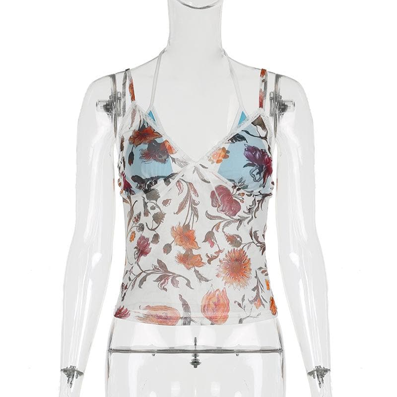 Halter contrast bowknot mesh top