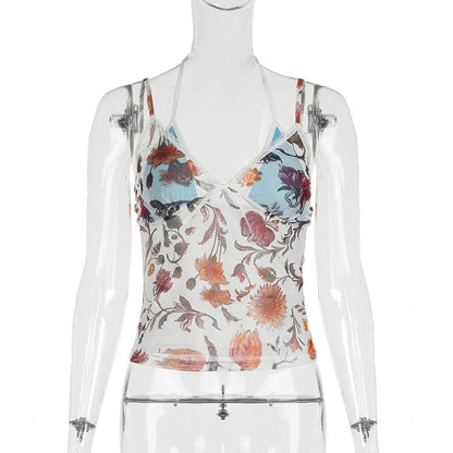 Halter contrast bowknot mesh top