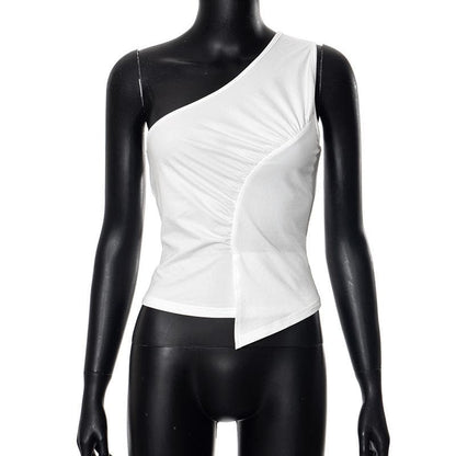 One shoulder ruched irregular solid backless top