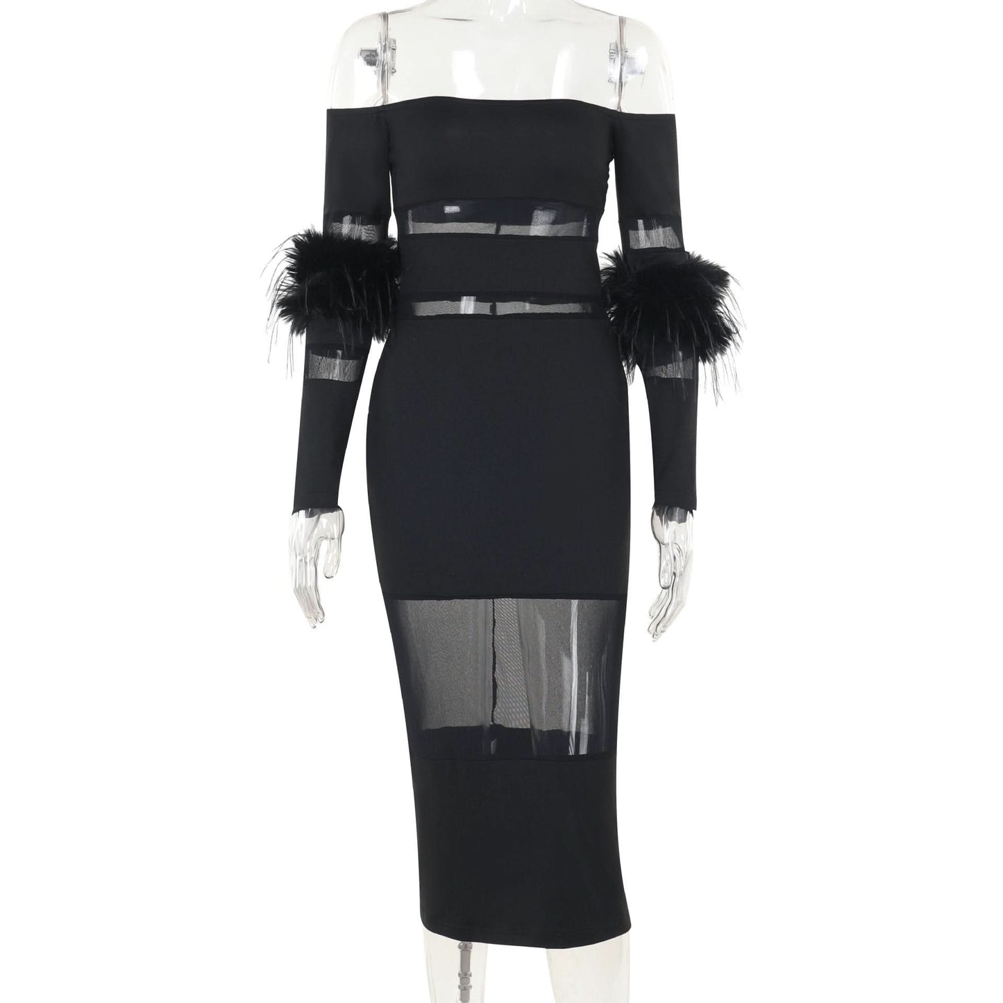 Off shoulder long sleeve fluffy mesh patchwork mini dress