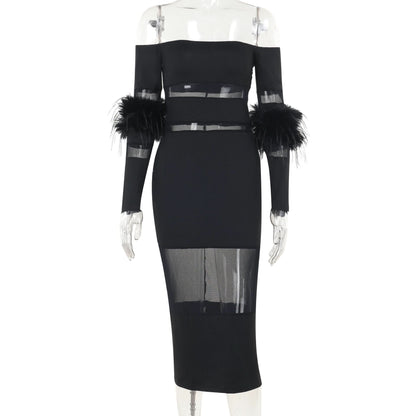 Off shoulder long sleeve fluffy mesh patchwork mini dress