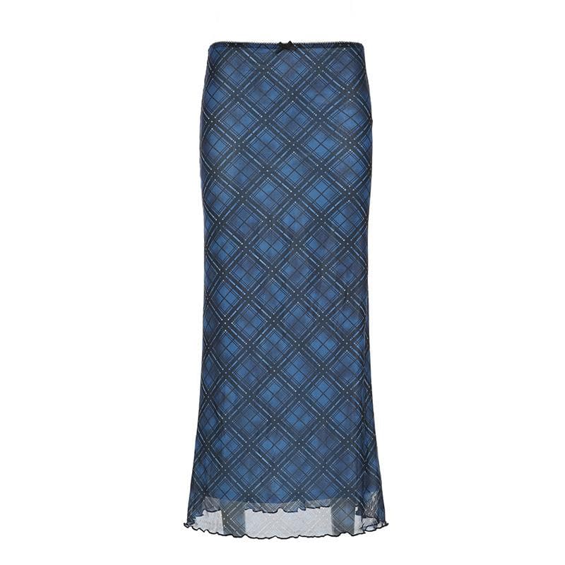 Bowknot mesh ruffle print plaid maxi skirt