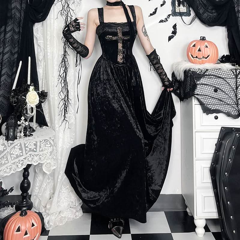 Lace hem velvet cross square neck maxi dress