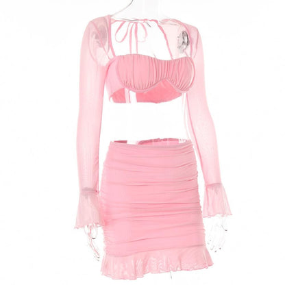 Mesh hollow out solid ruffle long sleeve ruched mini skirt set
