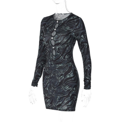 Ripple contrast long sleeve hollow out crewneck cut out mini dress