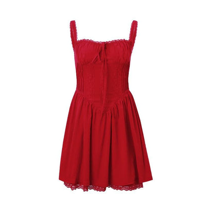 Lace hem drawstring ruched lace up cami mini dress