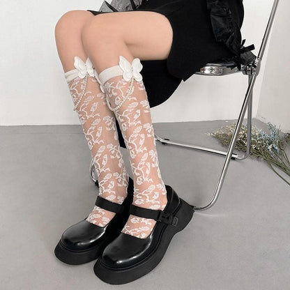 Butterfly applique faux pearl knee high socks