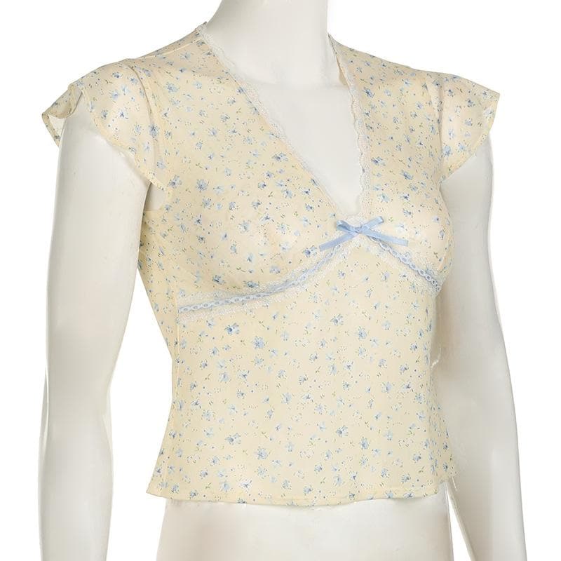 Cap sleeve v neck print bowknot lace hem top
