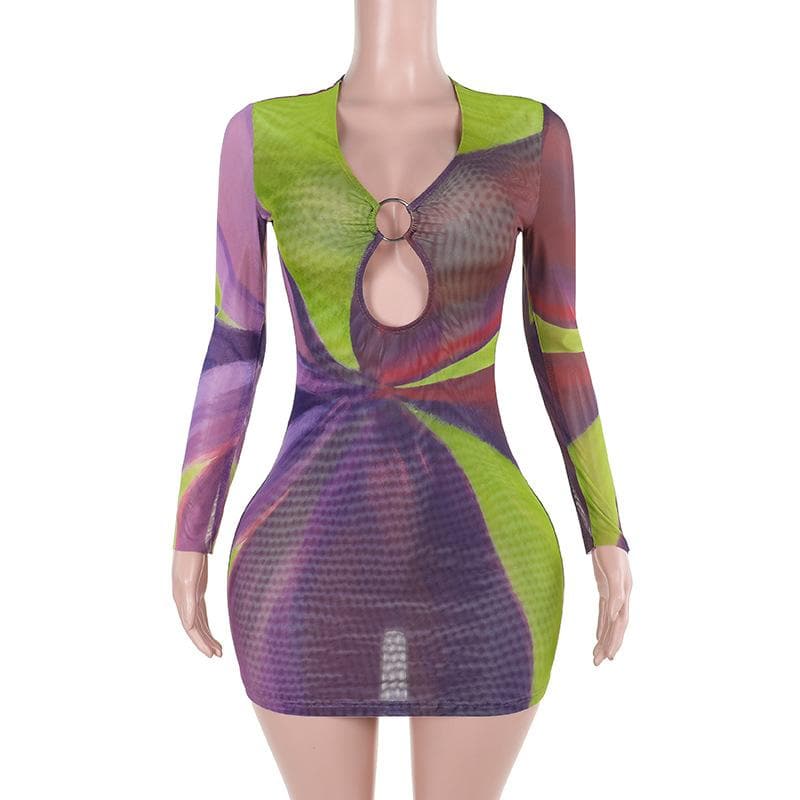 Long sleeve sheer mesh o ring print mini dress