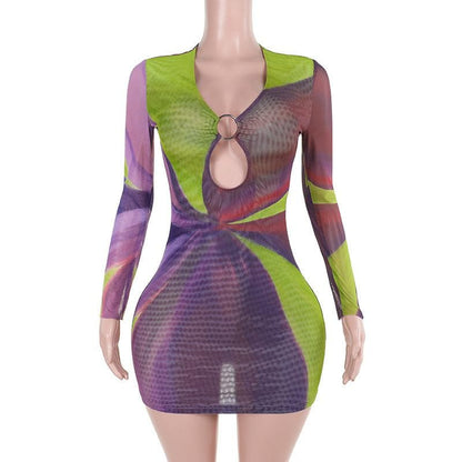 Long sleeve sheer mesh o ring print mini dress
