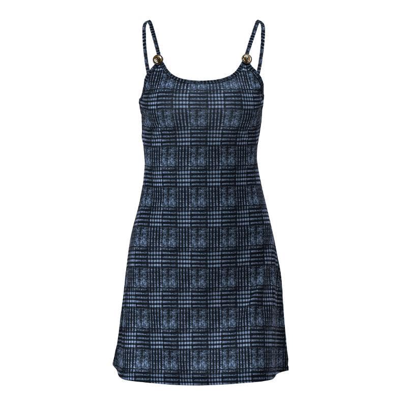 Plaid Scoop Neck Spaghetti Strap Metal Tag Button Cami Mini Dress