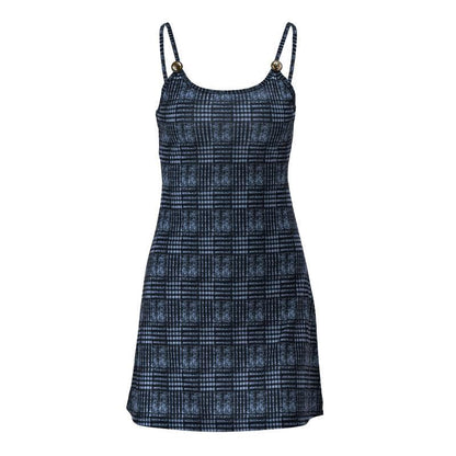 Plaid Scoop Neck Spaghetti Strap Metal Tag Button Cami Mini Dress