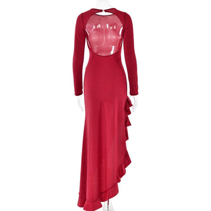 Long sleeve see through glitter irregular ruffle maxi dress