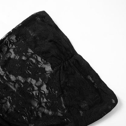 Lace ruched ruffle see through tube maxi dress